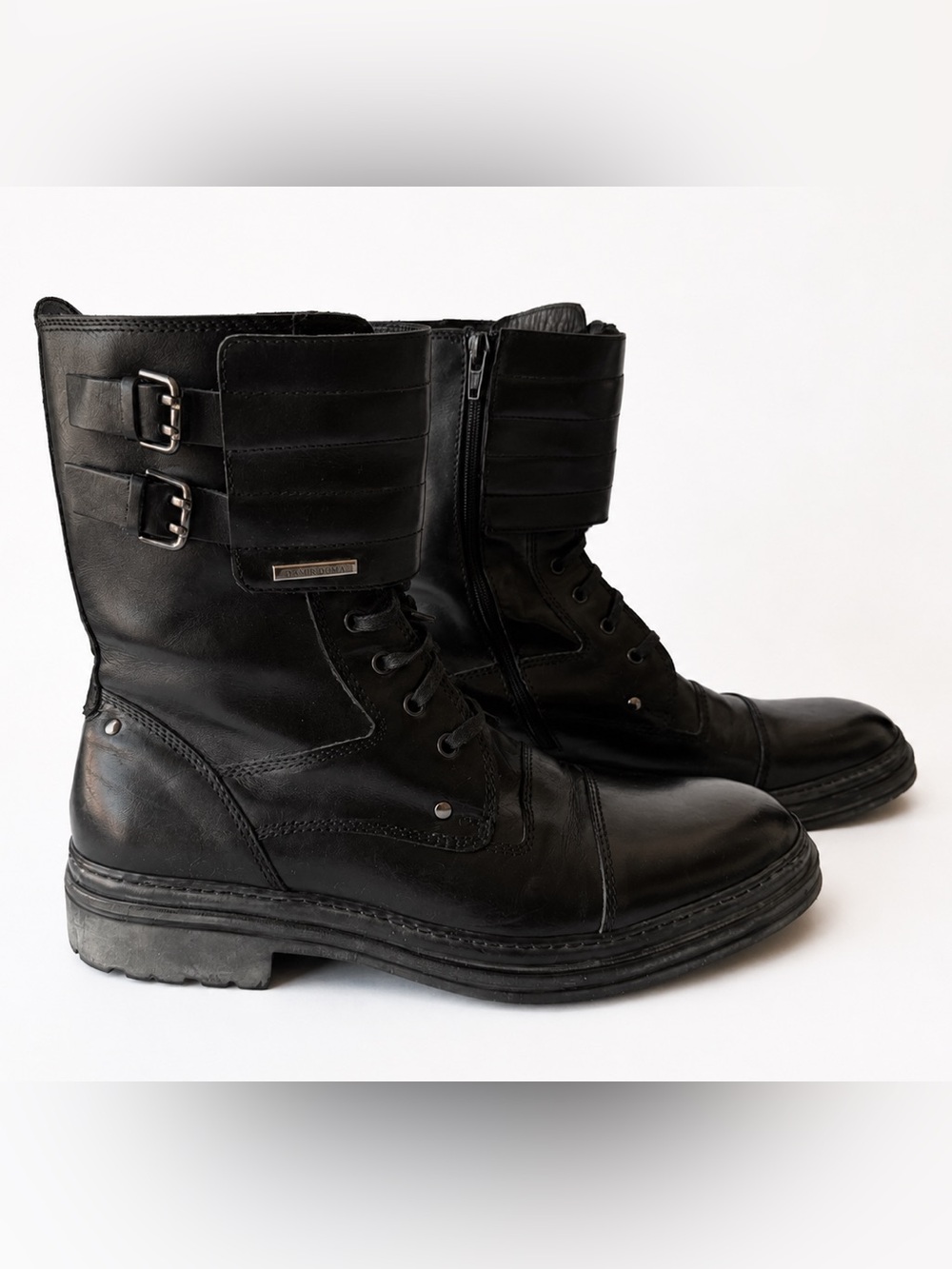Bruno Magli Black Leather Combat Moto Boots Men’s 10 Lace Up Buckle Italy - Picture 5 of 10
